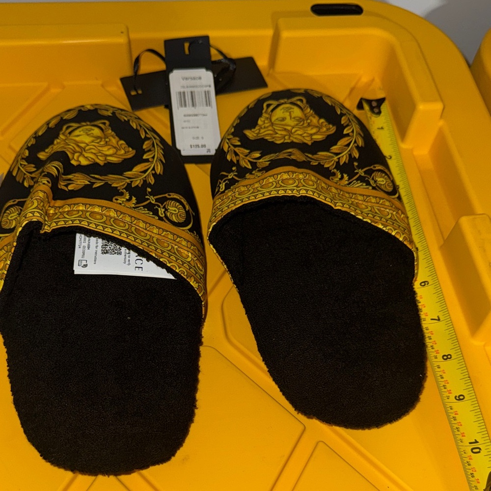 Versace Black and Gold Patterned Slippers. Size small